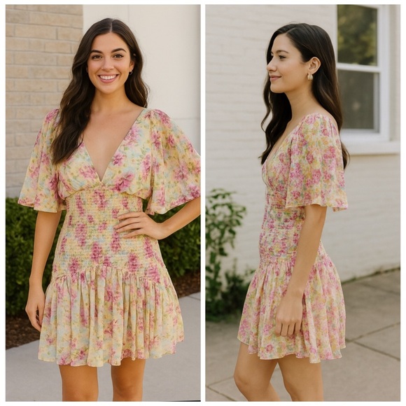 BY TIMO Beige Floral Smocked Bat Sleeve Chiffon Mini Dress Large Short Dress